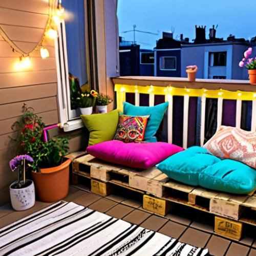 Home 4 **Image:** A cozy balcony with a DIY pallet seating area, colorful cushions, string lights, and repurposed painted tires used as planters filled with flowers. Focus on a bohemian and relaxing atmosphere.