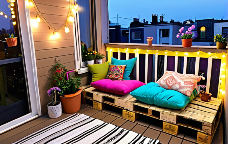 **Image:** A cozy balcony with a DIY pallet seating area, colorful cushions, string lights, and repurposed painted tires used as planters filled with flowers. Focus on a bohemian and relaxing atmosphere.