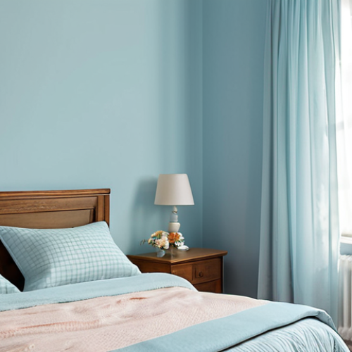 Serene Pastel Bedroom**

"A beautifully decorated bedroom with pastel blue walls, sunlight streaming through sheer curtains, fully clothed, appropriate attire, safe for work.  A comfortable bed with a light-colored cotton duvet.  Wooden bedside tables with cream-colored lamps.  Perfect anatomy, correct proportions, natural pose.  Professional, modest, family-friendly."

**