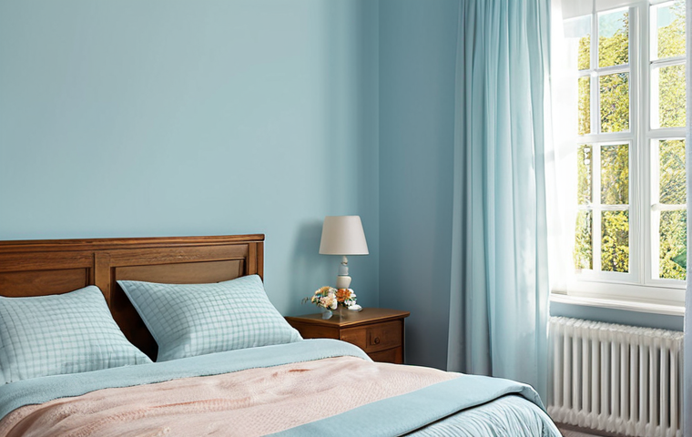 Serene Pastel Bedroom**

"A beautifully decorated bedroom with pastel blue walls, sunlight streaming through sheer curtains, fully clothed, appropriate attire, safe for work.  A comfortable bed with a light-colored cotton duvet.  Wooden bedside tables with cream-colored lamps.  Perfect anatomy, correct proportions, natural pose.  Professional, modest, family-friendly."

**