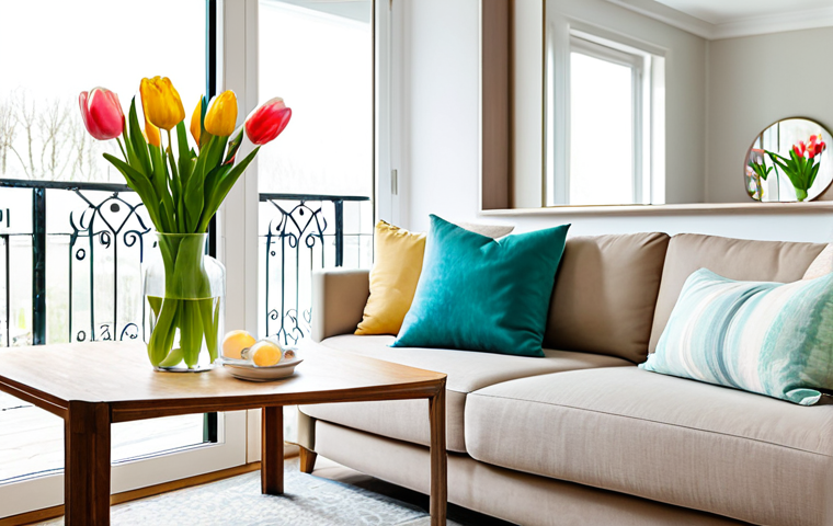 가구 배치 동선 최적화 - Living Room Interior Design**

"A bright and airy living room interior, featuring a comfortable sofa...